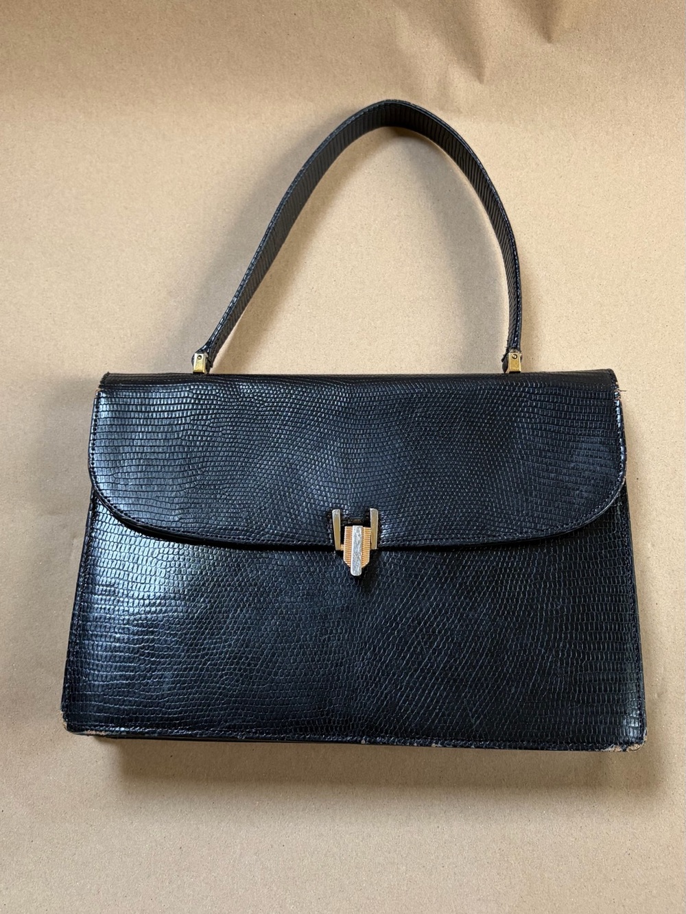 Vintage Birks Handbag Black Leather Gold Hardware Snakeskin Texture